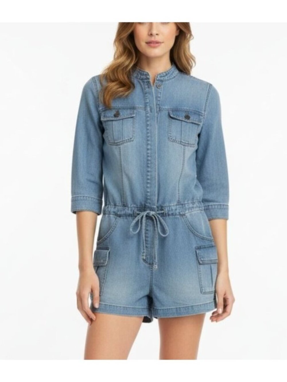 BlankNYC Medium Wash Chambray Utility Romper, size XS